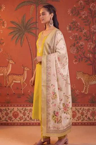 Mustard silk blend embroidered churidar set
