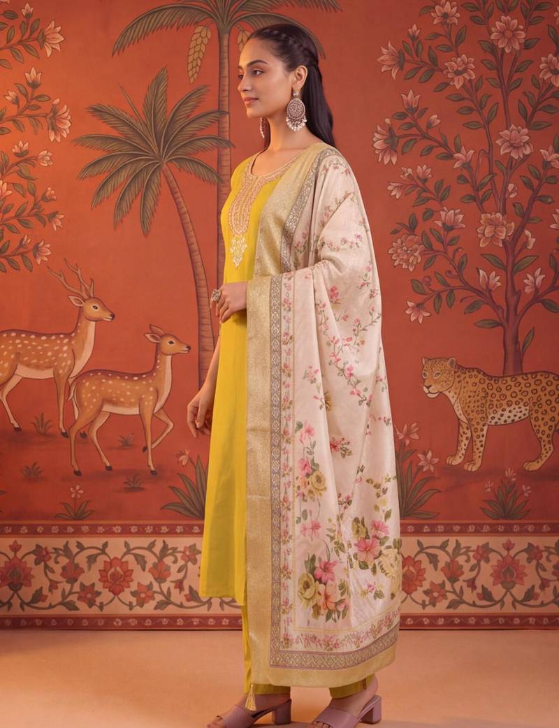 Mustard silk blend embroidered churidar set