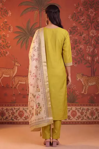 Mustard silk blend embroidered churidar set