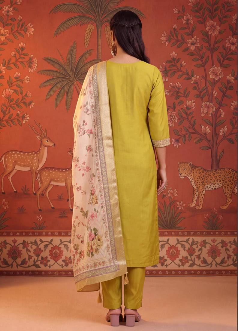 Mustard silk blend embroidered churidar set