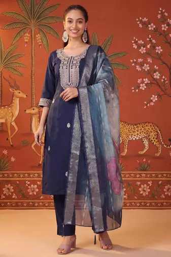 Navy-blue silk blend embroidered churidar set