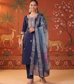 Navy-blue silk blend embroidered churidar set