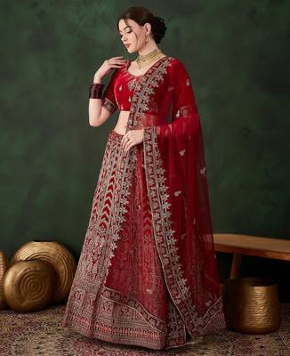 maroon velvet embroidered traditional lehenga-choli 1
