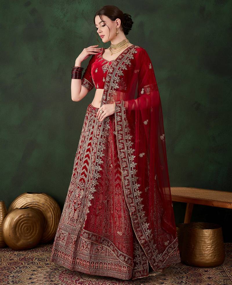maroon velvet embroidered traditional lehenga-choli