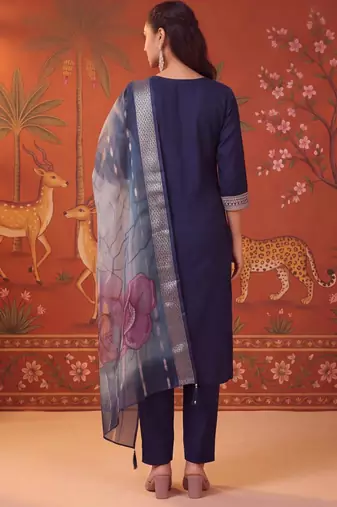 Navy-blue silk blend embroidered churidar set