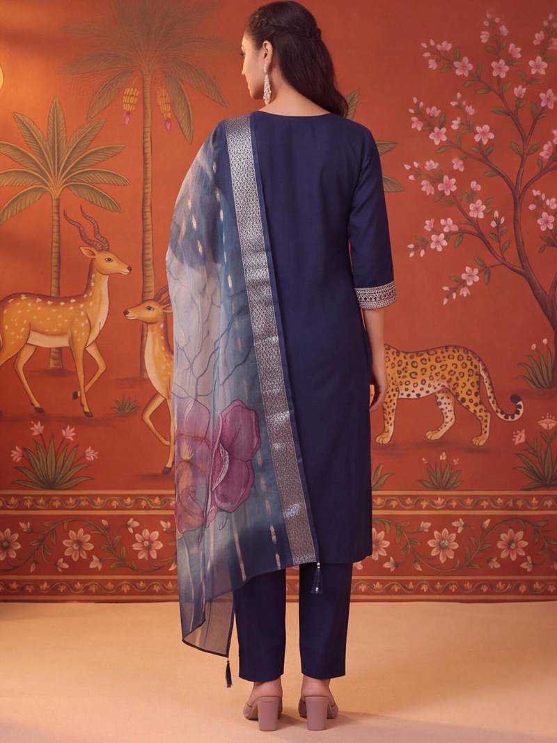 Navy-blue silk blend embroidered churidar set