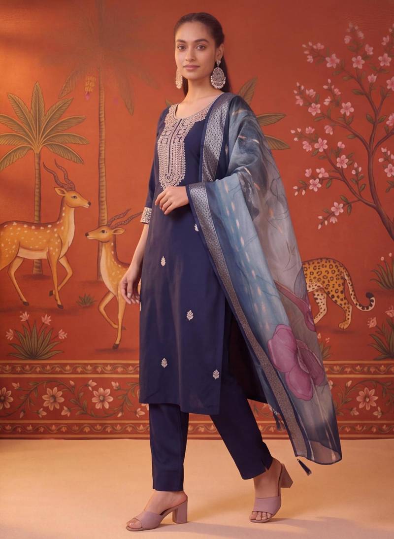 Navy-blue silk blend embroidered churidar set