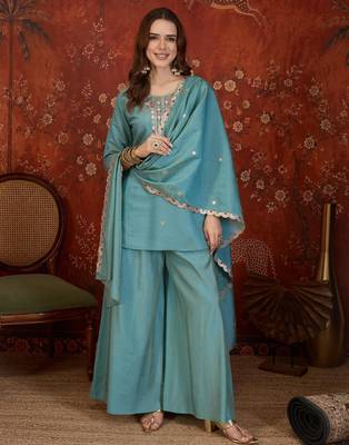 Sea-green silk blend embroidered palazzo set 1