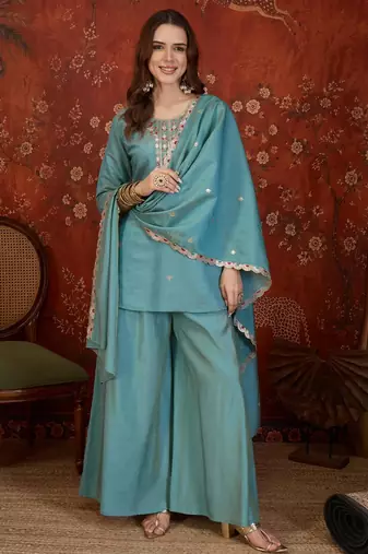 Sea-green silk blend embroidered palazzo set