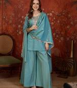 Sea-green silk blend embroidered palazzo set