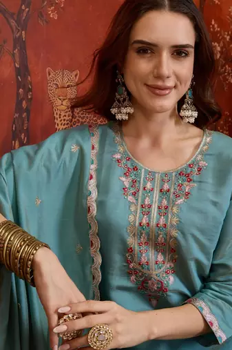 Sea-green silk blend embroidered palazzo set