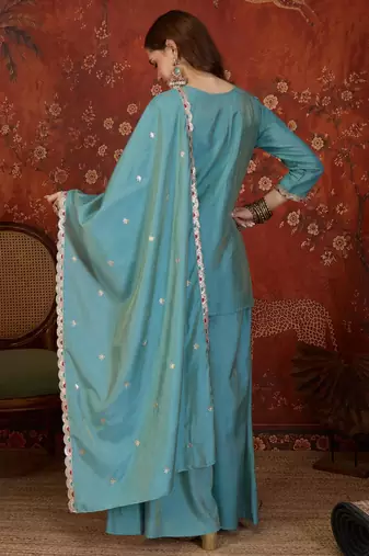 Sea-green silk blend embroidered palazzo set