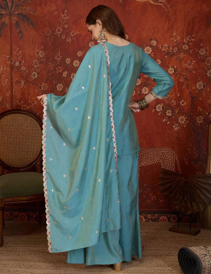 Sea-green silk blend embroidered palazzo set