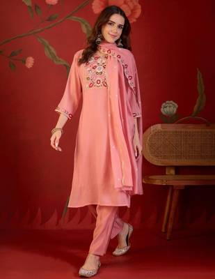 Pink cotton silk embroidered churidar set 1