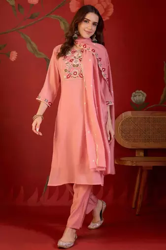Pink cotton silk embroidered churidar set
