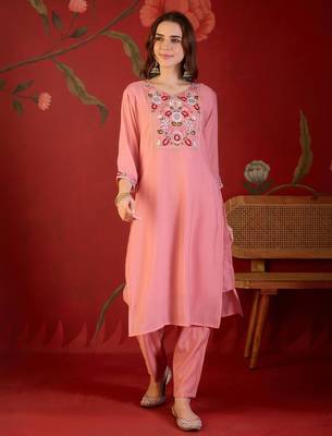Pink cotton silk embroidered churidar set 5