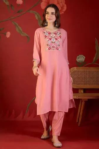 Pink cotton silk embroidered churidar set