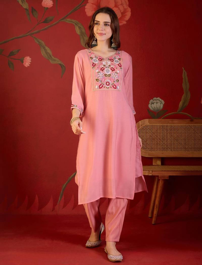 Pink cotton silk embroidered churidar set