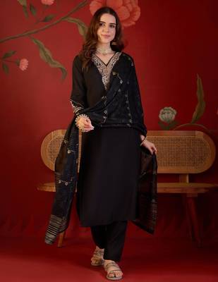Black cotton silk embroidered churidar set 1
