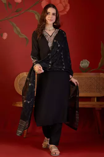 Black cotton silk embroidered churidar set