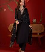 Black cotton silk embroidered churidar set