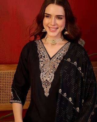 Black cotton silk embroidered churidar set 3
