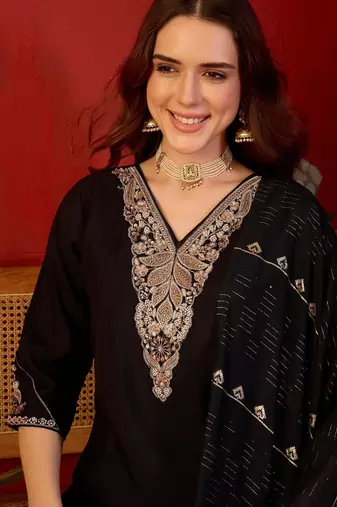Black cotton silk embroidered churidar set