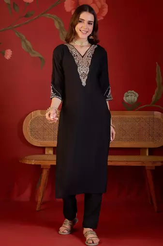 Black cotton silk embroidered churidar set