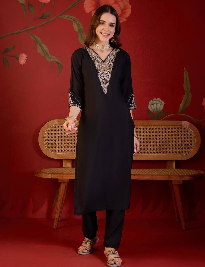 Black cotton silk embroidered churidar set