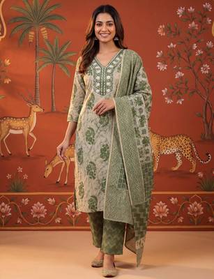 Green cotton embroidered churidar set 1