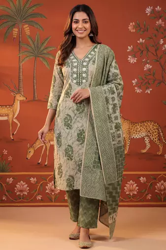 Green cotton embroidered churidar set