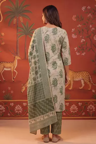 Green cotton embroidered churidar set