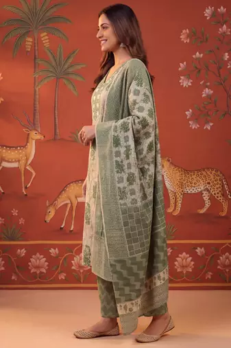 Green cotton embroidered churidar set