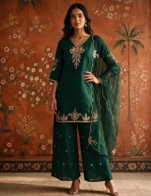 Dark-green silk blend embroidered palazzo set 1