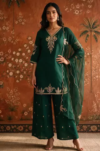 Dark-green silk blend embroidered palazzo set