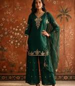 Dark-green silk blend embroidered palazzo set