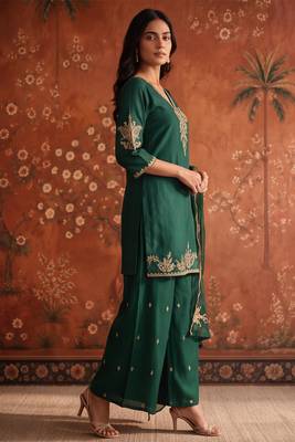 Dark-green silk blend embroidered palazzo set 2