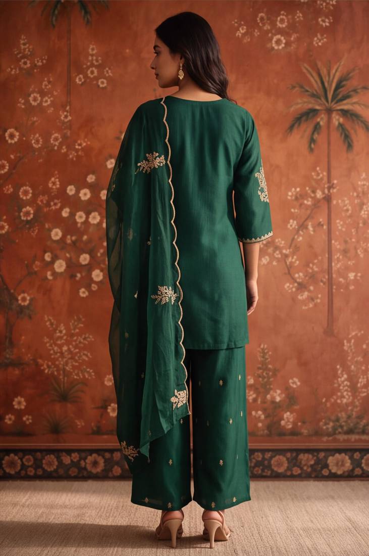 Dark-green silk blend embroidered palazzo set