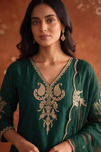 Dark-green silk blend embroidered palazzo set