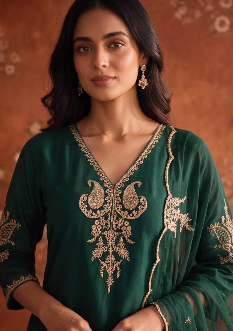 Dark-green silk blend embroidered palazzo set