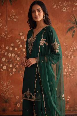 Dark-green silk blend embroidered palazzo set 5
