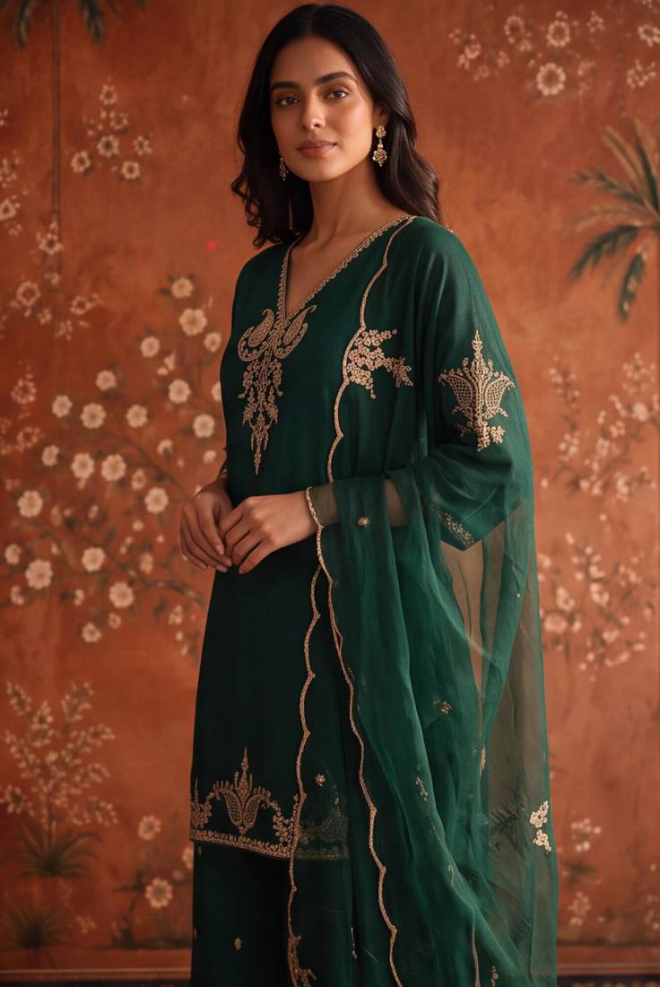 Dark-green silk blend embroidered palazzo set