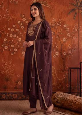 Coffee silk blend embroidered palazzo set 1