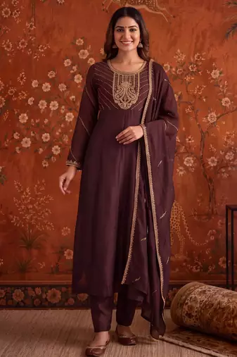 Coffee silk blend embroidered palazzo set