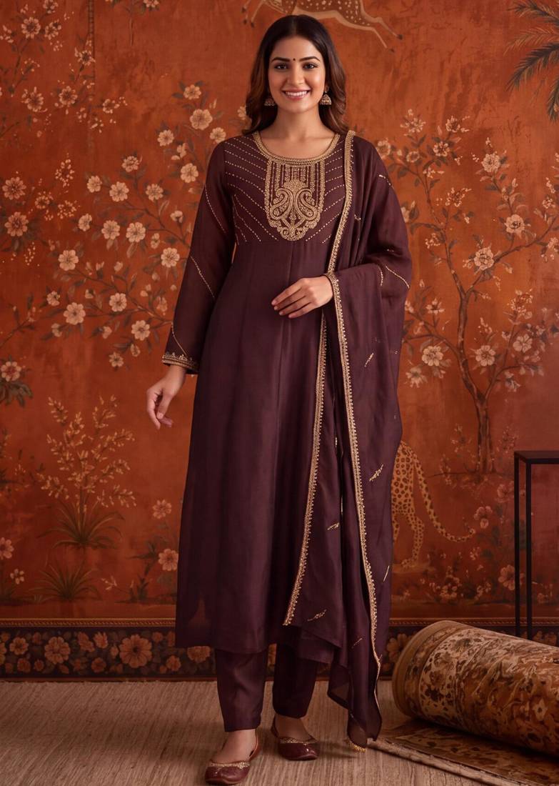 Coffee silk blend embroidered palazzo set