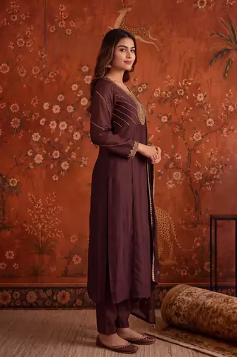 Coffee silk blend embroidered palazzo set