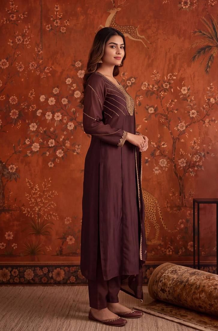 Coffee silk blend embroidered palazzo set