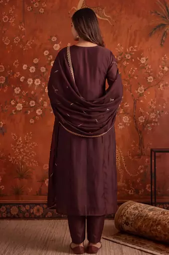 Coffee silk blend embroidered palazzo set