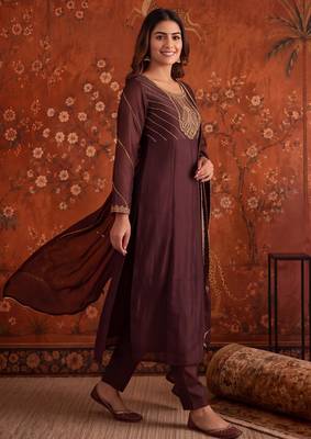 Coffee silk blend embroidered palazzo set 5