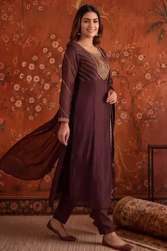 Coffee silk blend embroidered palazzo set